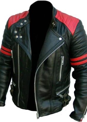 Cafe Racer Brando Red Stripes Quilted Biker Black Leather Jacket