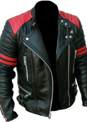 Cafe Racer Brando Red Stripes Quilted Biker Black Leather Jacket