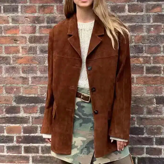 Vintage Brown Kid Suede Jacket - Oversized Casual Coat Streetwear Style Suede Jacket