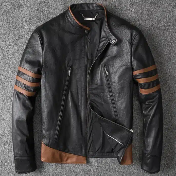 Mens X Wolverine Men Biker Leather Jacket | Hugh Logan Jackman Motorcycle Jacket Men with Brown Stripes