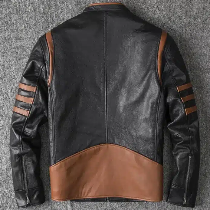 Mens X Wolverine Men Biker Leather Jacket | Hugh Logan Jackman Motorcycle Jacket Men with Brown Stripes