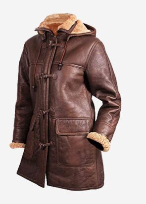 Women's Brown Long Winter Hooded Real Shearling Sheepskin Leather Duffle Coat