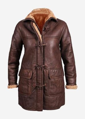 Women's Brown Long Winter Hooded Real Shearling Sheepskin Leather Duffle Coat