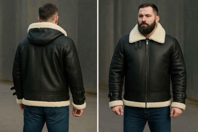 Aviator Black Bomber Leather Jacket | Men's Hooded Faux Shearling Coat | Flight B3 Black Fur Bomber Jacket | B3 Style Shearling Coat