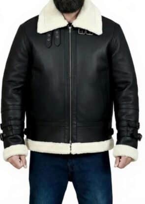 Aviator Black Bomber Leather Jacket | Men's Hooded Faux Shearling Coat | Flight B3 Black Fur Bomber Jacket | B3 Style Shearling Coat