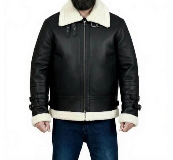 Aviator Black Bomber Leather Jacket | Men's Hooded Faux Shearling Coat | Flight B3 Black Fur Bomber Jacket | B3 Style Shearling Coat