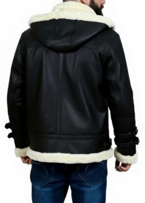 Aviator Black Bomber Leather Jacket | Men's Hooded Faux Shearling Coat | Flight B3 Black Fur Bomber Jacket | B3 Style Shearling Coat