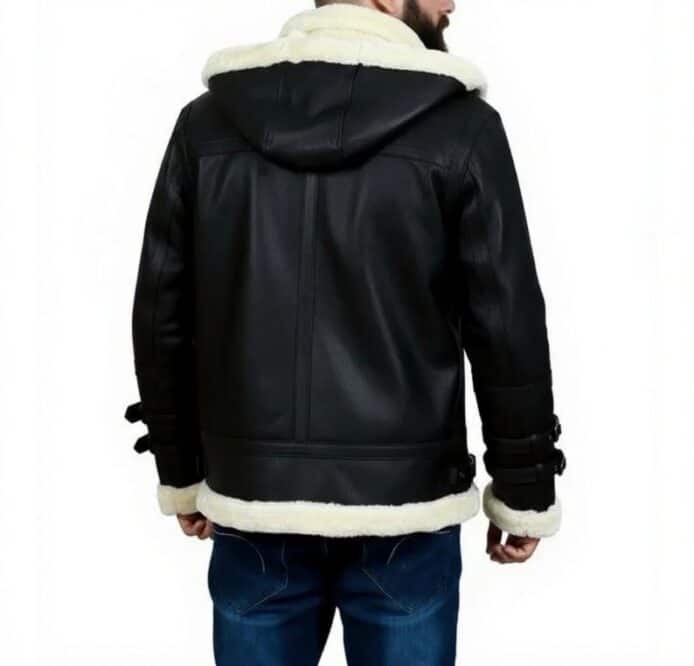 Aviator Black Bomber Leather Jacket | Men's Hooded Faux Shearling Coat | Flight B3 Black Fur Bomber Jacket | B3 Style Shearling Coat