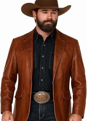 Men’s Western Cowboy Leather Blazer Genuine Brown Jacket