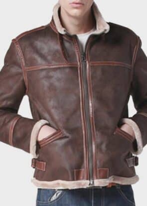 Men’s Brown Shearling Leather Jacket Aviator B3 Style Winter Coat Vintage Distressed Bomber Jacket