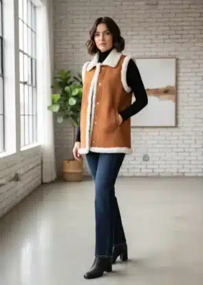 Women’s Handmade Suede Shearling Leather Vest B3 Sheepskin Winter Vest