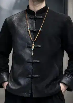Traditional Chinese Tang Suit Jacket Men Suede Leather Snake Skin Texture Hanfu Style Streetwear