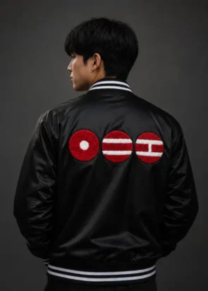 Arirang Black Satin Bomber Varsity Jacket K-Pop Front View