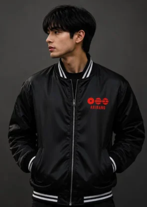 Arirang Black Satin Bomber Varsity Jacket K-Pop Front View