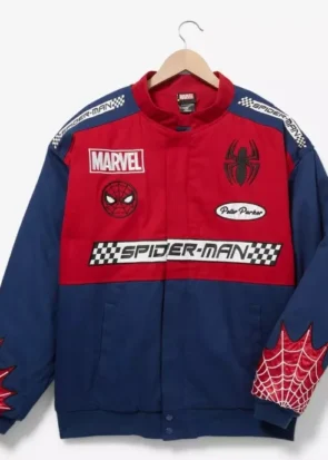 Spider-Man Inspired Red Blue Varsity Bomber Jacket Front View